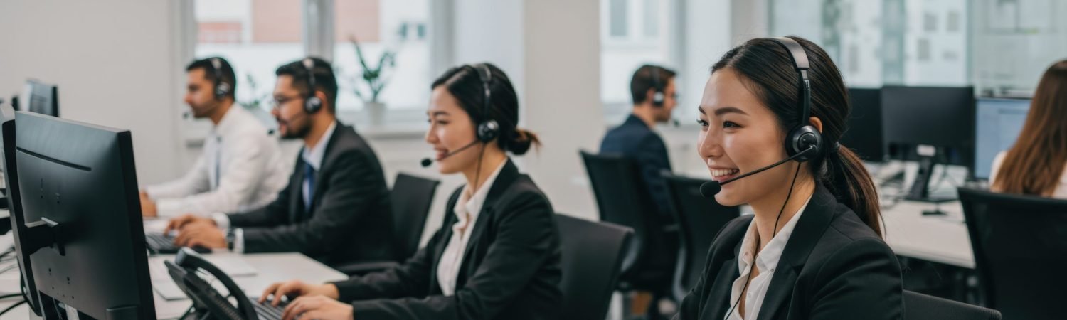 Friendly business team working together in a call center office